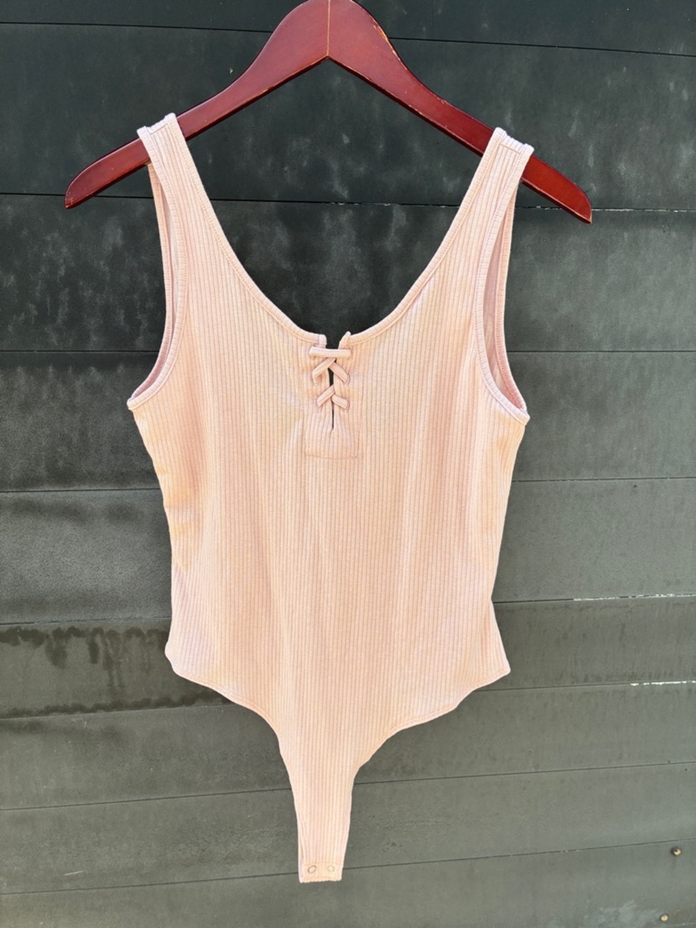 Double Zero Blush Pink Ribbed Lace-Up Bodysuit Sz Lovely Large